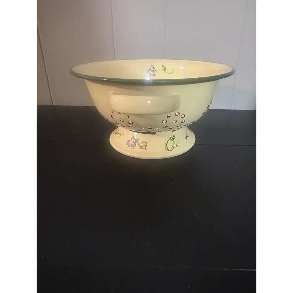 Vintage Enamelware Footed Colander Strainer Yellow Green Floral Farmhouse